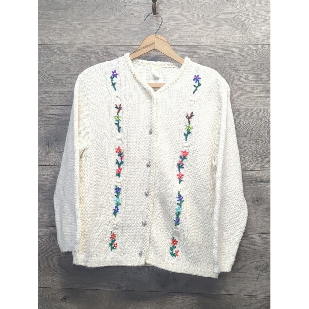 Vintage Tyrolean Alpine Embroidered Floral Cardigan Sweater EU 46 Soft